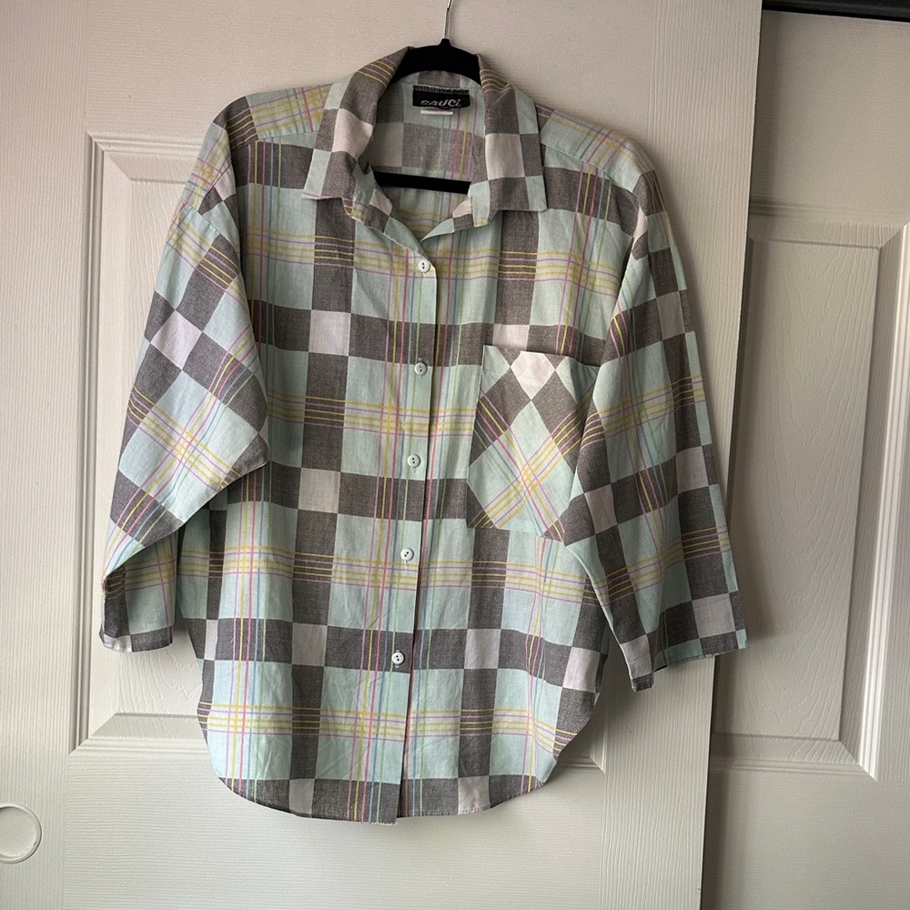 Vintage Deadstock Large Sauci Plaid Button-Up Shirt in Mint & Gray